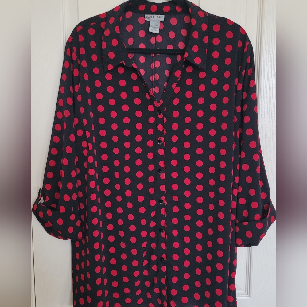 Catherines Black and Red Polka Dot‎ Button Down Shirt